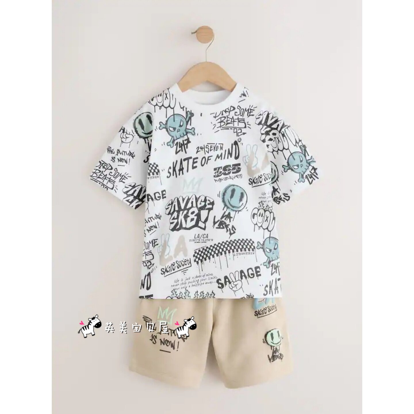 NEXT英国男童装26夏男大童卡通骷髅笑脸字母涂鸦短袖T恤短裤套装