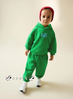 NEXT英国男童装正品26春男宝绿色卡通字母印花连帽卫衣运动裤套装