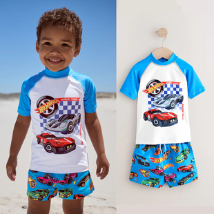 现货NEXT英国男童装 26夏男宝卡通风火轮赛车汽车防晒分体泳衣 正品