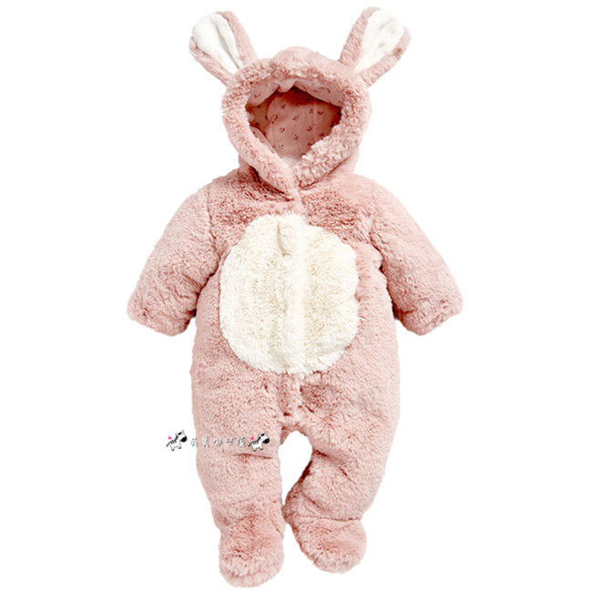 现货NEXT英国正品童装秋冬女宝粉色卡通兔子连帽毛绒连身衣连体衣