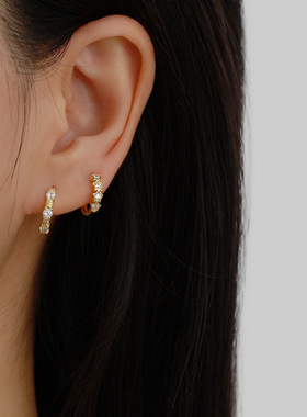 通体925纯银星星镶钻耳圈女肌理闪亮耳环精致小巧气质耳饰轻奢ins