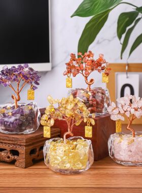 创意天然彩色碎石水晶发财树摆件