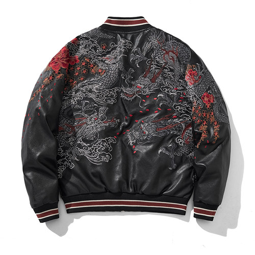 猴子商店三龙刺绣PU皮衣羽绒服