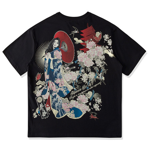 拔刀娘短袖T恤潮牌男女个性浮世绘日式昭和歌姬花魁拔印棉