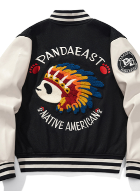 猴子商店X印第安熊猫INDIAN PANDA刺绣棒球服毛呢PU皮袖外套学生