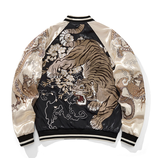 SUKAJAN 龙虎神兽刺绣夹克棒球服黑熊重磅夹克外套男女休闲丝卡将