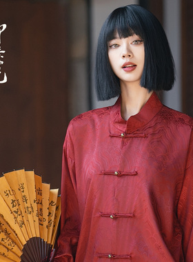 春秋款衬衫男长袖中式缎面海水江崖中国风男女衬衣红色情侣唐装