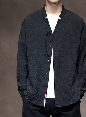 中国风男装春夏款复古风压褶衬衫男士长袖上衣中式汉服白色打底衫