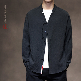 中国风男装春夏款复古风压褶衬衫男士长袖上衣中式汉服白色打底衫