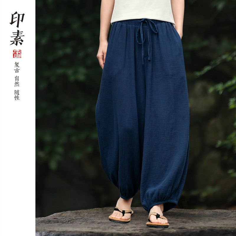 夏季棉麻裤子松紧腰大宽松薄款中国风九分灯笼裤情侣男女休闲裤