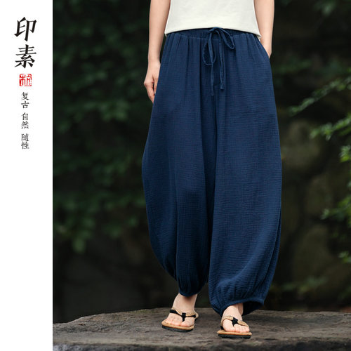 夏季棉纯棉裤子松紧腰大宽松薄款中国风九分灯笼裤情侣男女休闲裤