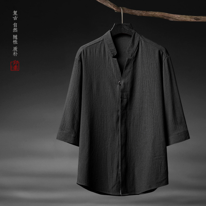 中国风男装夏季复古风冰丝短袖衬衫男士薄款上衣中式汉服短袖套装