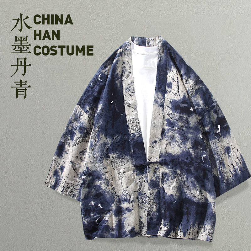 印素古风夏季中国风水墨纯棉外套汉服男古装宽松棉麻居士道袍道服
