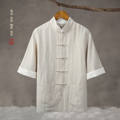 夏季薄款新中式棉麻短袖衬衫唐装