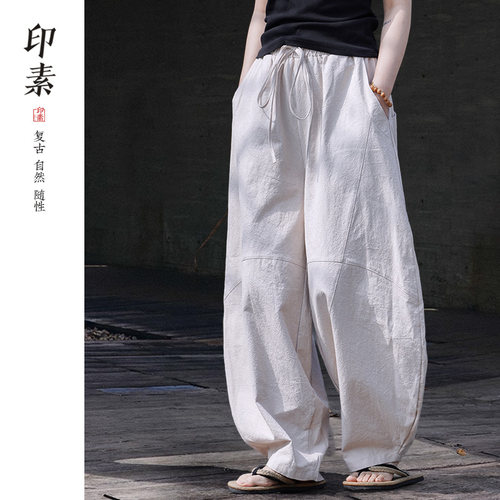 印素亚麻裤男宽松哈伦裤秋款棉麻休闲裤秋季复古情侣风阔腿灯笼裤