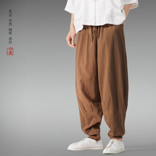 印素美拉德穿搭中国风秋款男束脚棉麻哈伦裤小脚休闲收腿休闲裤