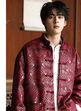 唐装秋款中国风男装织锦缎海水纹情侣上衣男中式立领外套夹克
