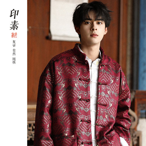 唐装秋款中国风男装织锦缎海水纹情侣上衣男中式立领外套夹克