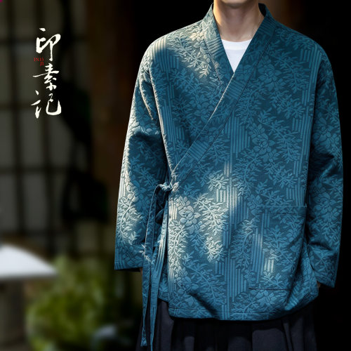 100%棉新中式日常汉服男交领上衣宽松外套提花道袍斜襟情侣茶服