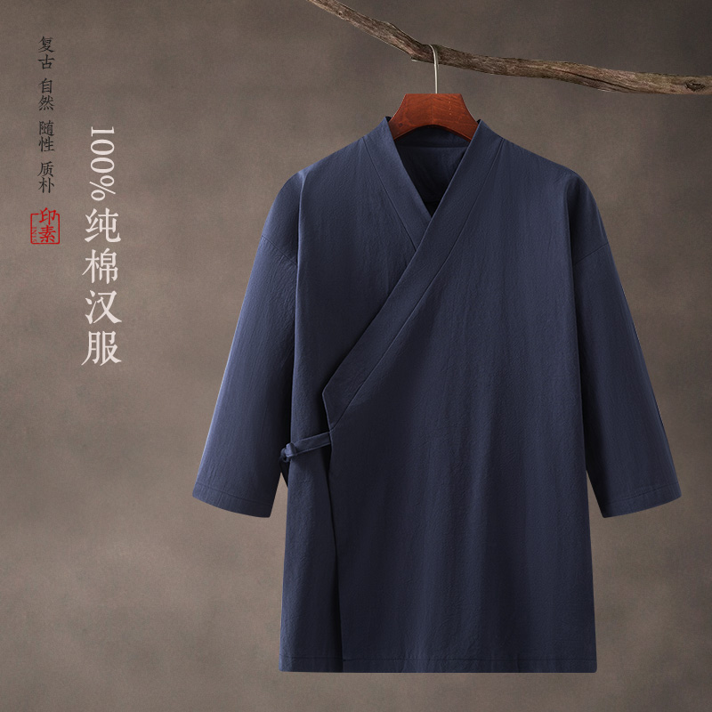 100%纯棉春夏新款中国风道袍七分袖汉服男上衣禅意居士服古风茶服