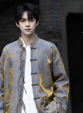 春秋款中国风复古渐变浮光锦缎贵气立领宽松大码盘扣唐装喜庆外套