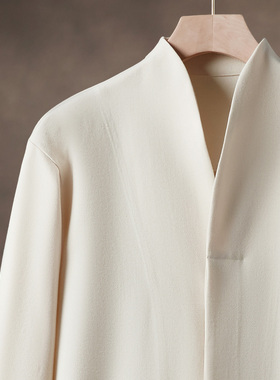 春秋款V领长袖衬衫隐藏扣位卡其棉麻中式衬衣日常通勤百搭打底衫