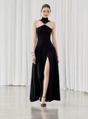 越南小众设计师御姐范气质黑色露肩长裙女微弹高腰修身 开叉连衣裙