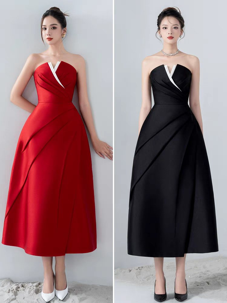 名媛风抹胸小礼服2024越南设计师新款气质不规则收腰撞色连衣裙