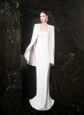 越南小众设计师轻奢重工白色宴会礼服套装钉珠斗篷外套抹胸连衣裙