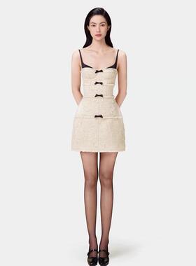 越南小众设计师气质黑白撞色小礼服毛绒感乖巧蝴蝶结吊带连衣裙