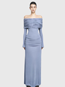 一字肩气质连衣裙越南设计师弹力褶皱长裙女修身 显瘦宴会小礼服