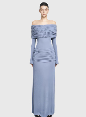 一字肩气质连衣裙越南设计师弹力褶皱长裙女修身显瘦宴会小礼服