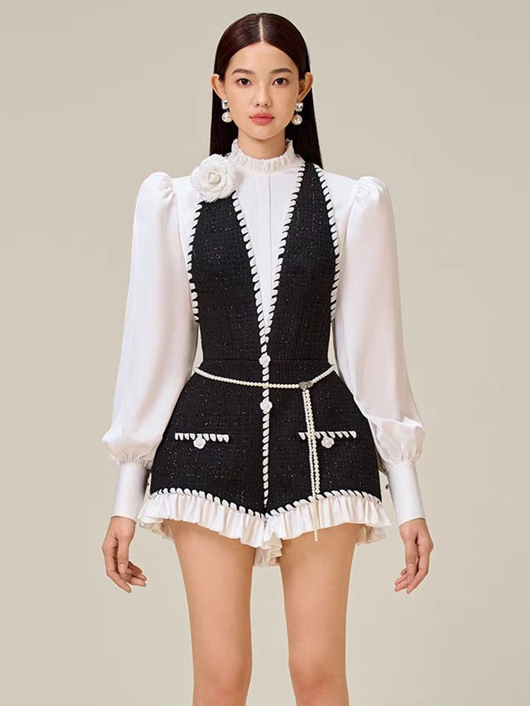 小香风撞色套装女越南设计师春新款英伦风小众灯笼袖假两件连体裤,女装/女士精品,连体衣/裤,淘宝优惠券,粉丝福利购,淘宝优惠卷