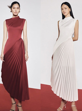 设计感不规则百褶连衣裙越南设计师半高领气质轻奢缎面小礼服