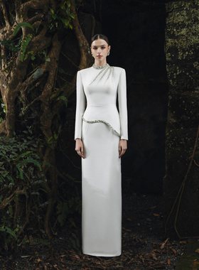 越南小众设计师轻奢重工水钻钉珠长裙晚宴礼服裙女收腰长袖连衣裙