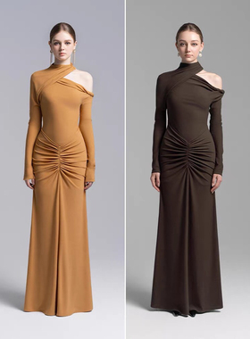 越南小众设计师气质不对称露肩褶皱弹力长裙打底裙收腰长袖连衣裙