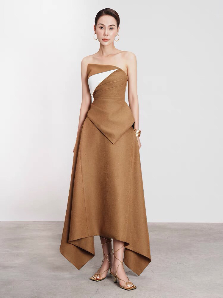 越南设计师气质不规则收腰显瘦撞色抹胸上衣长款半身裙时尚套装裙