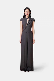 设计感通勤气质套装女小众设计师高级灰斜领短袖收腰西装阔腿裤