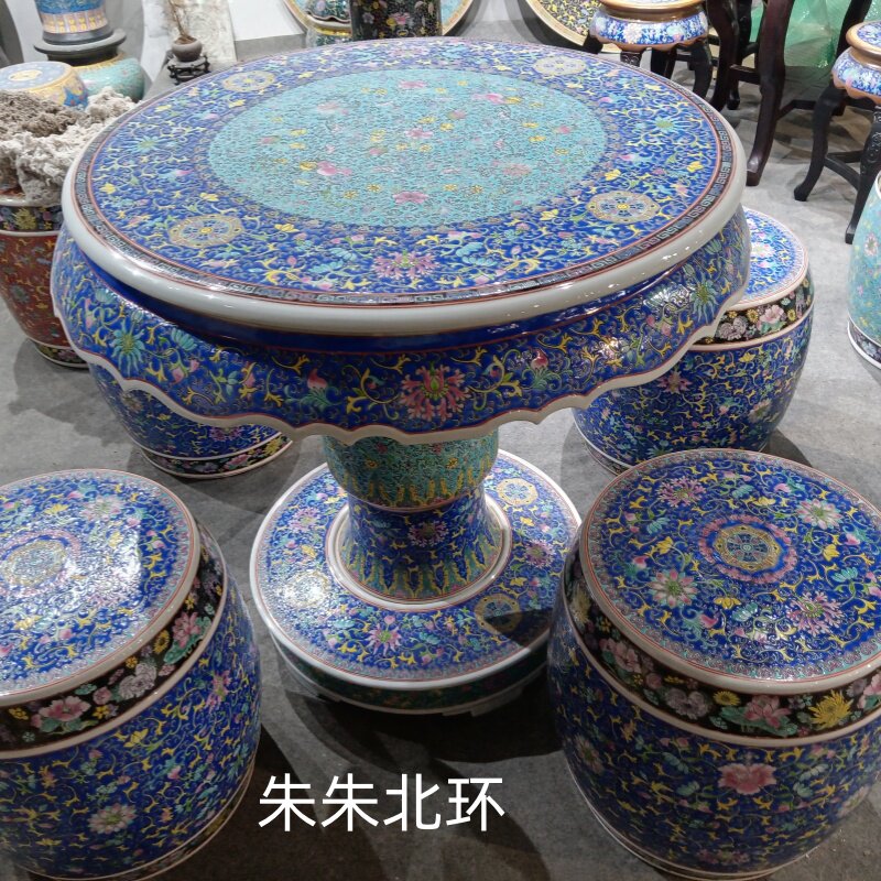手绘粉彩陶瓷桌椅套装中欧式宫廷款瓷桌瓷凳圆桌客厅庭院装饰摆件