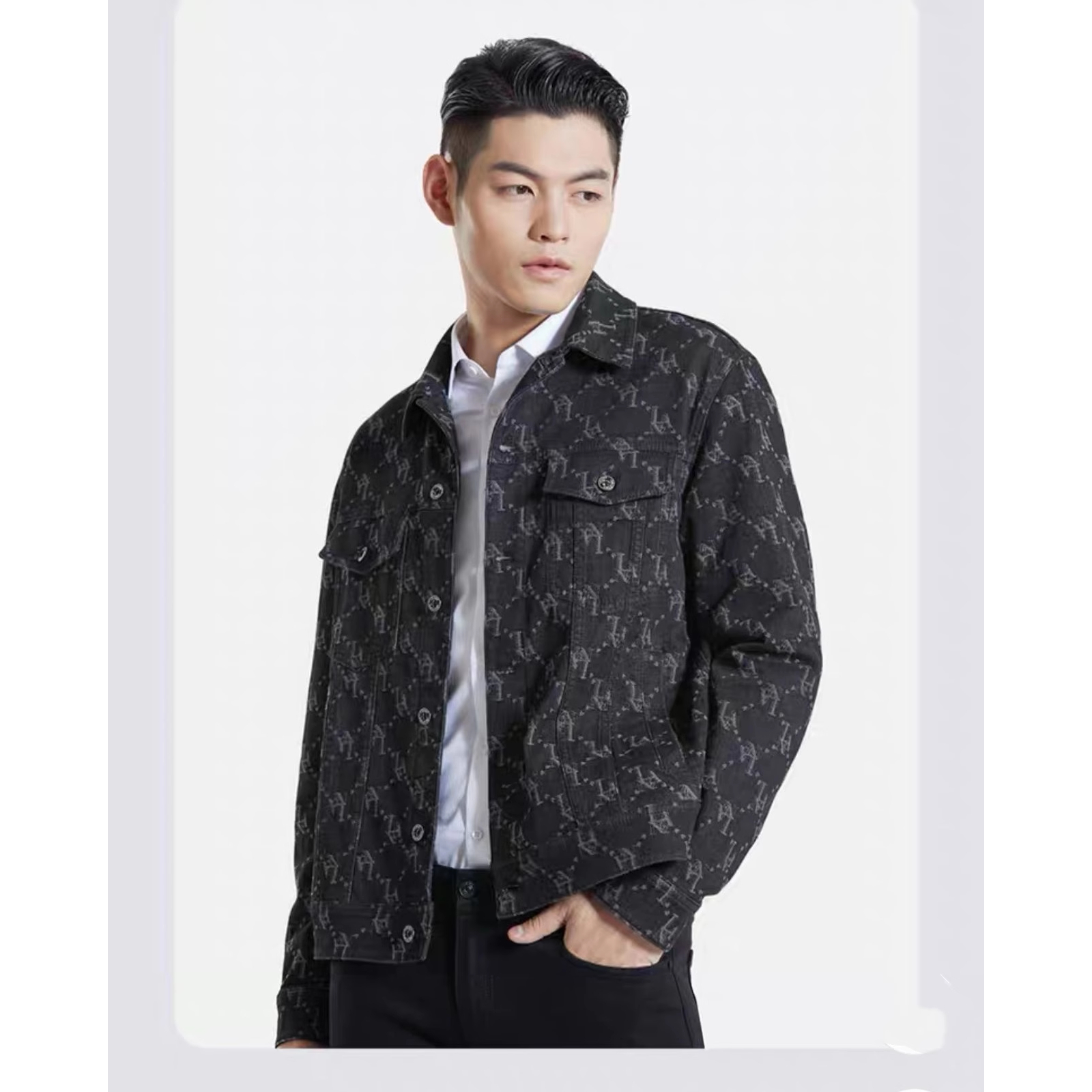 G3QJK0151A利家男装秋季时尚提花帅气翻领休闲水洗牛仔夹克外套