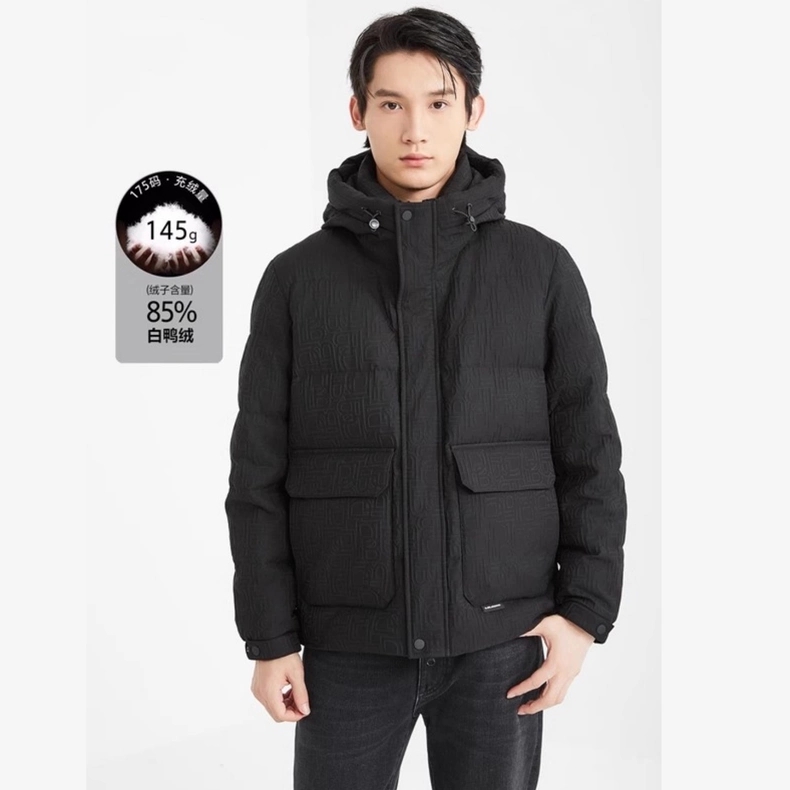 提花立领连帽短款夹克羽绒服男