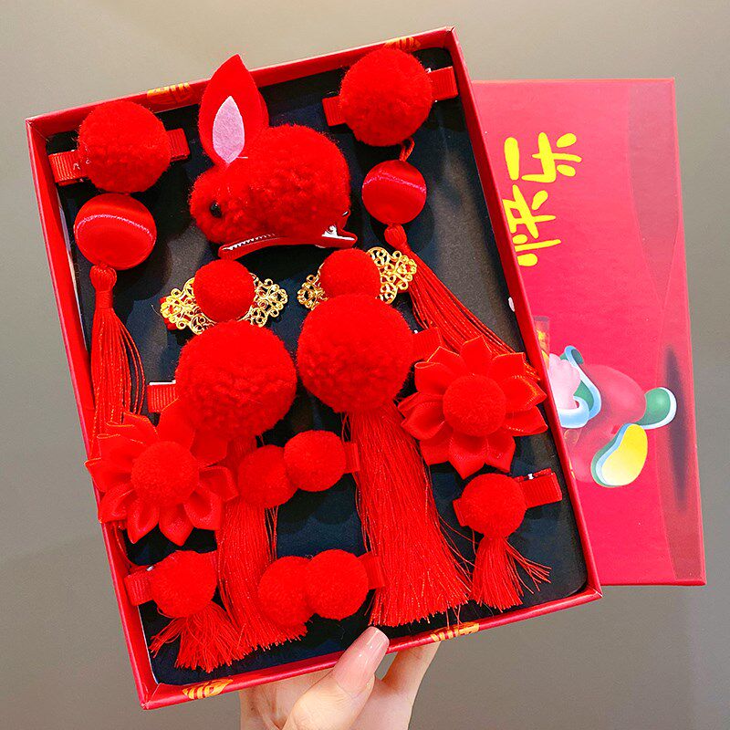chinese new year red hair accessory box children girls tire