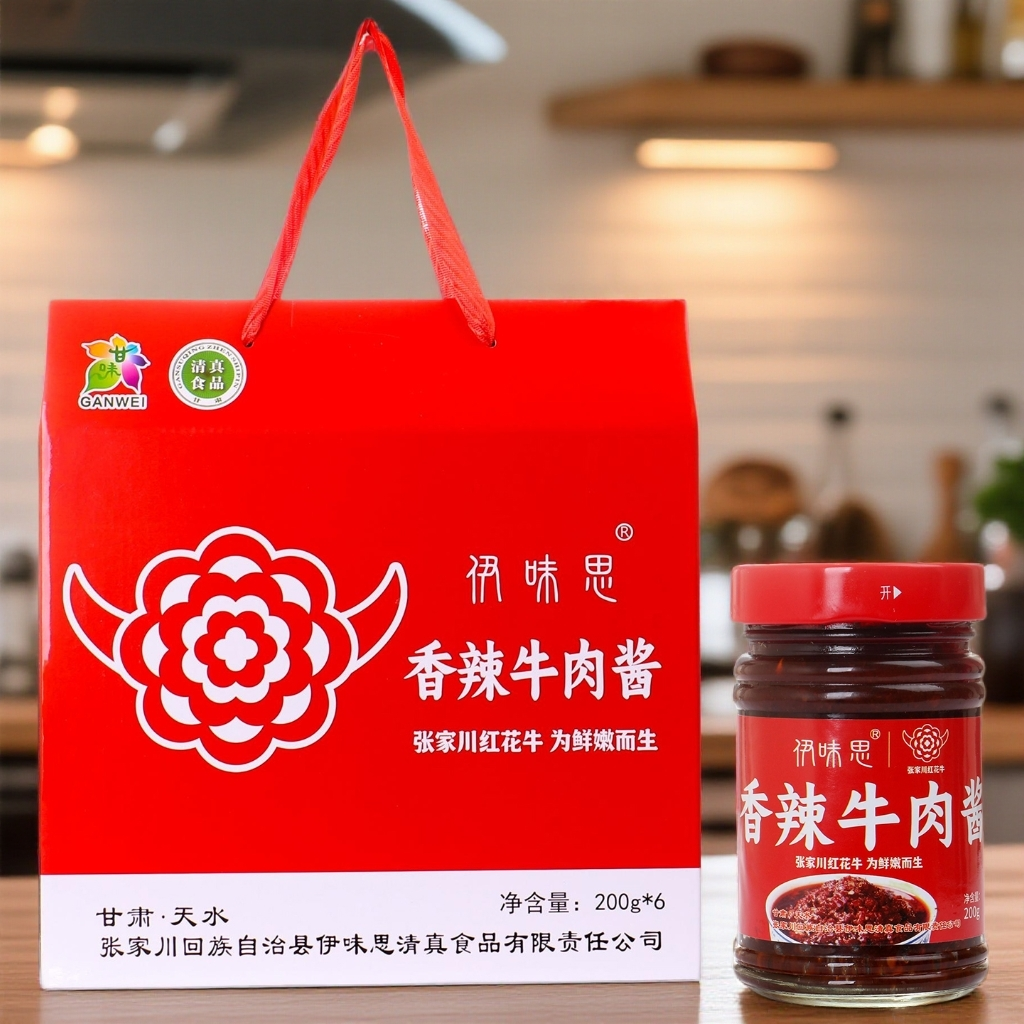 甘肃天水特产伊味思香辣牛肉酱张家川红花牛肉制作清真香辣牛肉酱