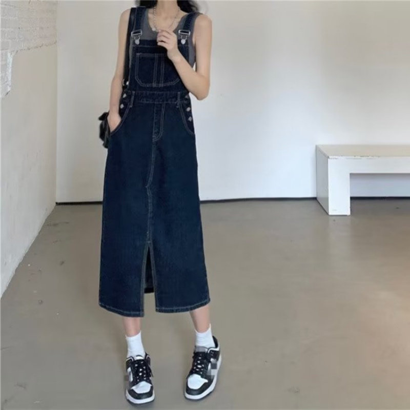 牛仔背带裙开叉设计感小个子港味牛仔裙女秋季大码胖mm收腰连衣裙
