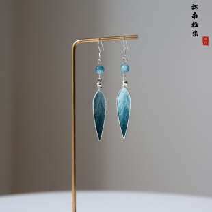 江南拾花非遗绒花竹叶耳环掐丝耳坠新中式 国风汉服玉髓珠子耳饰女