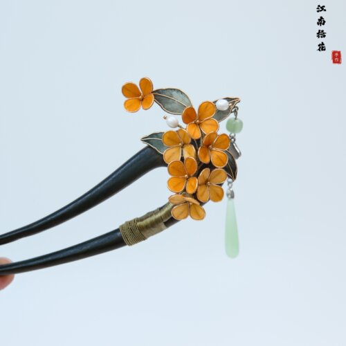 原创非遗手作绒花桂花檀木发簪