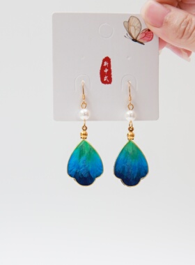 江南拾花 非遗手作绒花耳饰千里江山蓝色系精致925银针耳环饰品