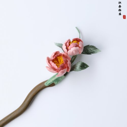 非遗手工绒花牡丹檀木发簪