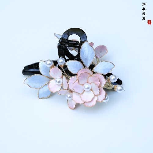 非遗手工双面掐丝绒花山茶花抓夹