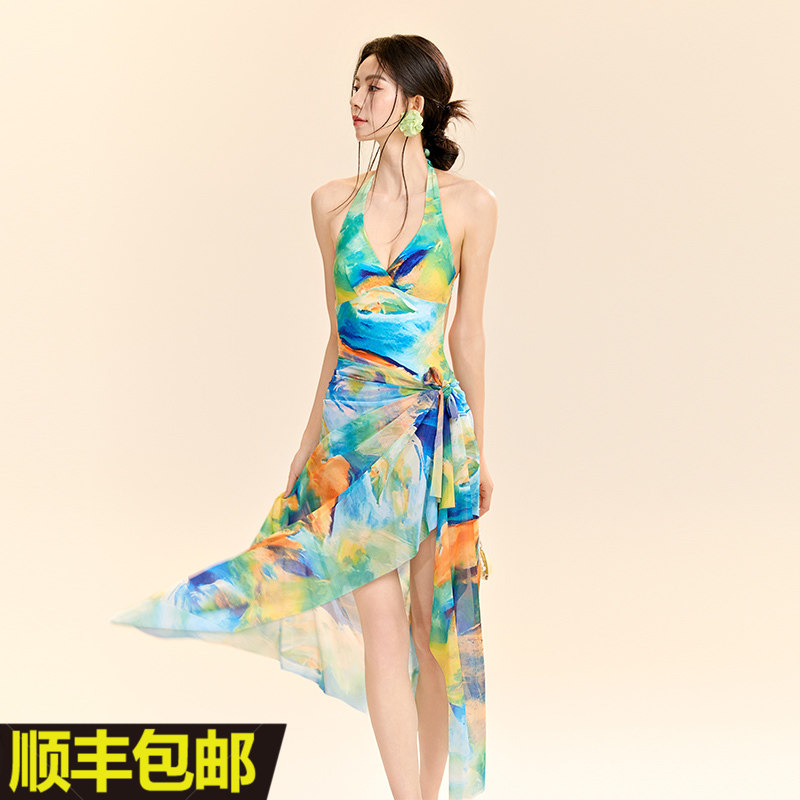 速干性感连体三角深V领露背显显白带披纱海边防晒泡温泉女游泳衣